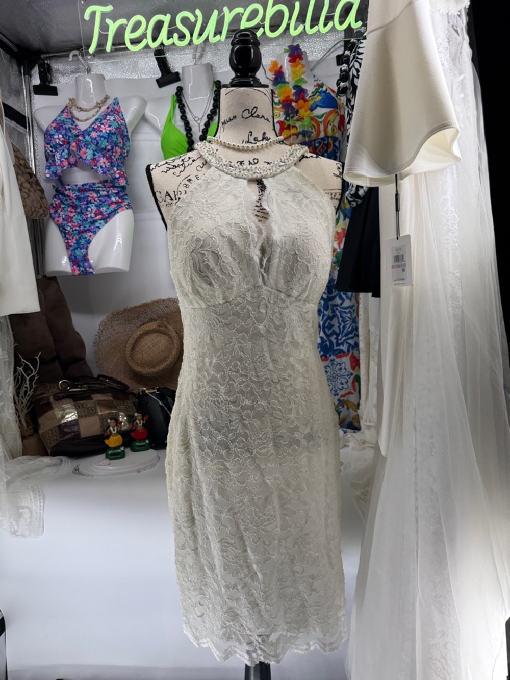 Elegant db Studio  Lace Halter Sheath Dress - Ivory 10 with sparkle jewels